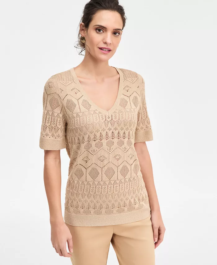 Petite Short-Sleeve Pointelle V-Neck Sweater