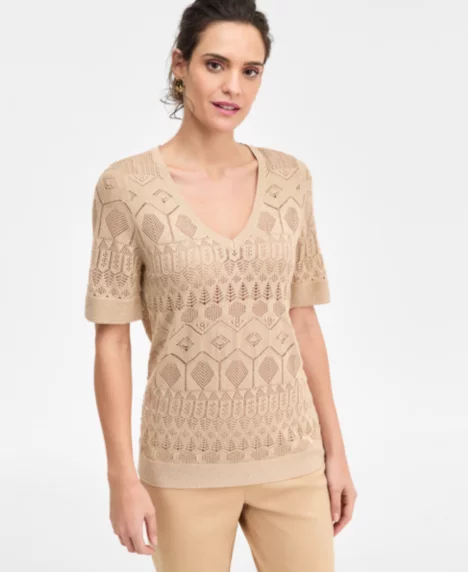 Petite Short-Sleeve Pointelle V-Neck Sweater - Cuban Sand Lurx Combo