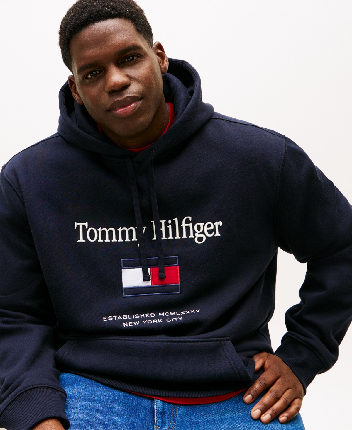 Tommy Hilfiger Men's Big & Tall Embroidered Flag Hooded Sweatshirt In Blue