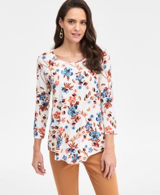 JM Collection - Women's Floral Sprigs 3/4-Sleeve Scoop-Neck Top