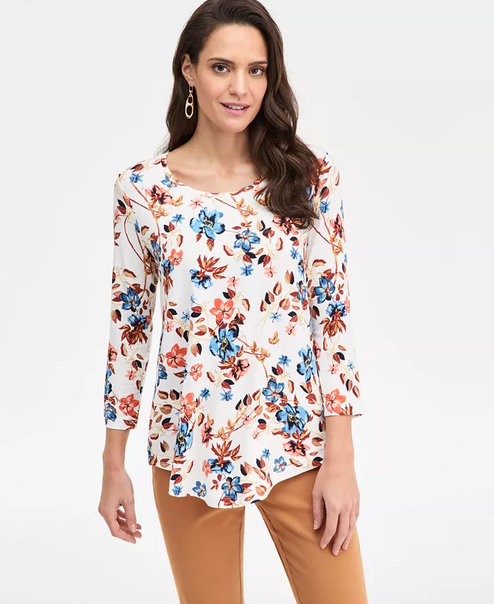 Women's Printed Scoop-Neck 3/4-Sleeve Top