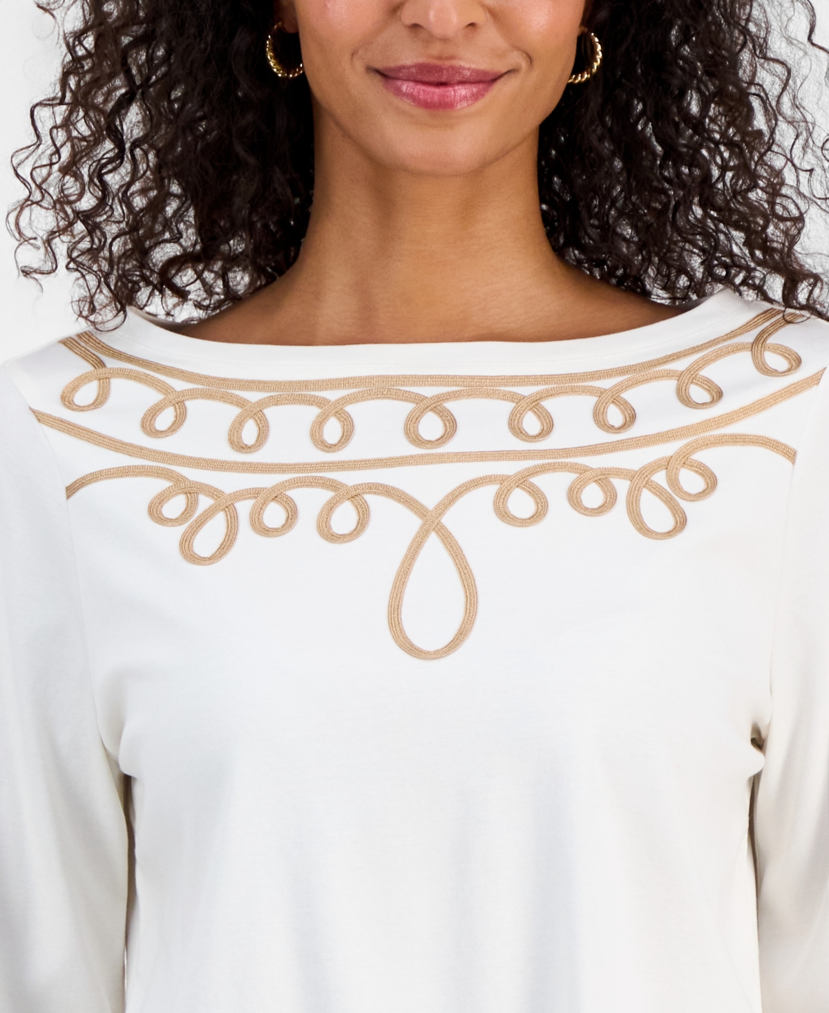 Jm Collection Women's Cotton Soutache 3/4-Sleeve Top, Macy's Exclusive