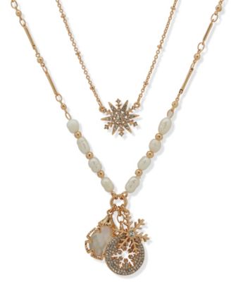 lonna & lilly - Cubic Zirconia and Imitation Pearl Beaded Snowflake Pendant Necklace
