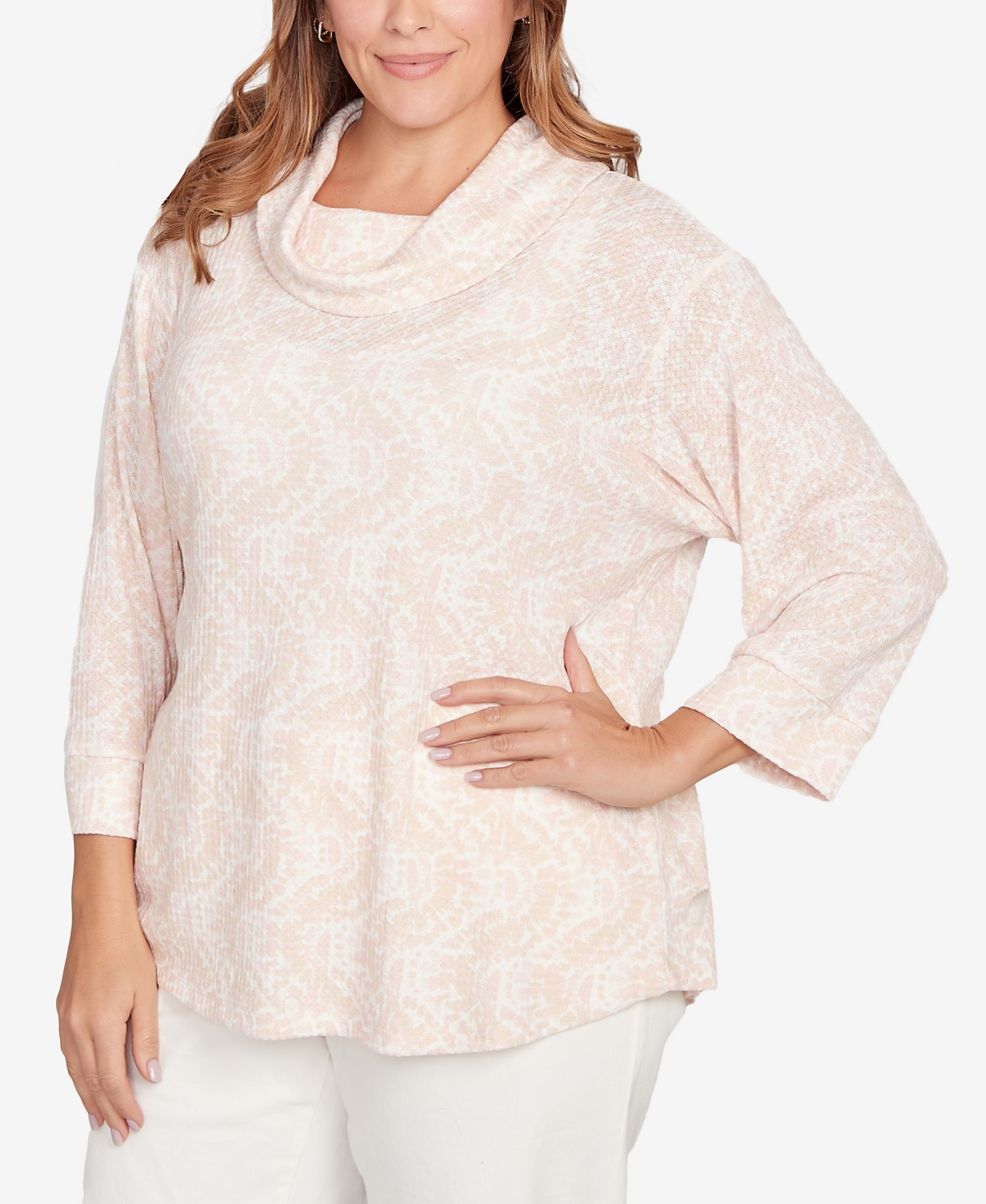 Hearts Of Palm Plus Printed Long Sleeve Cowl Neck Top
