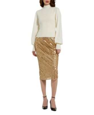 Women's Sequin Embellished Mesh Fitted Midi Pencil Skirt