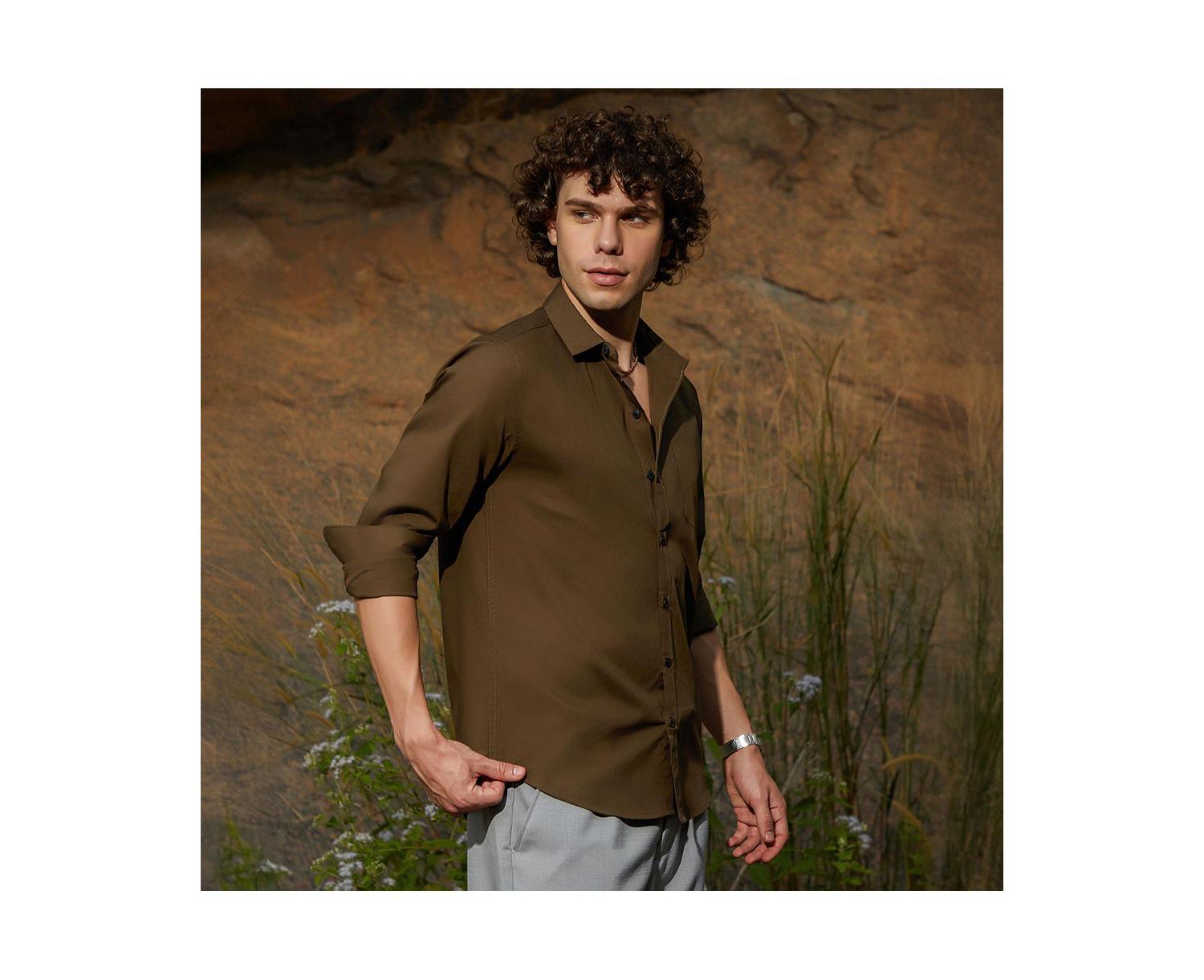 Men's Olive Green Solid Button-Up Shirt