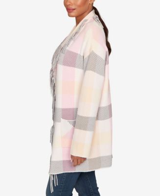 Petite Luxe Plaid Fringed Cardigan Sweater 
