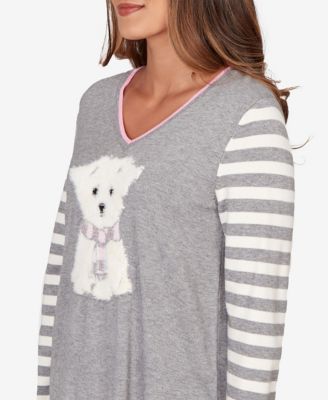 Petite Maltese Puppy Striped Sleeve Pullover Sweater