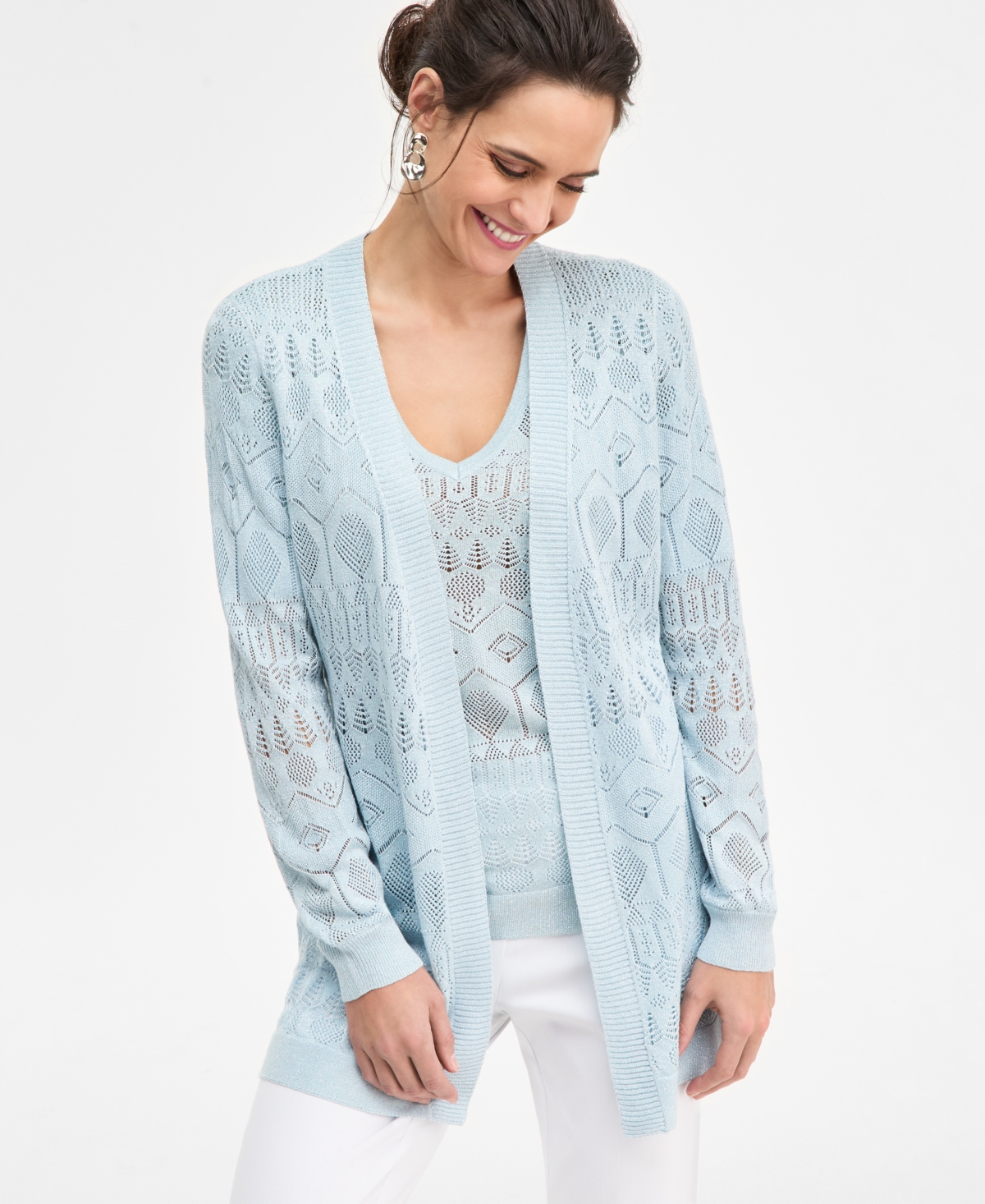 Jm Collection Petite Long-Sleeve Pointelle Flyaway Sweater, Macy's Exclusive