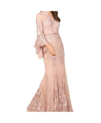 Women's Lace V Neck Long Bell Sleeve Gown