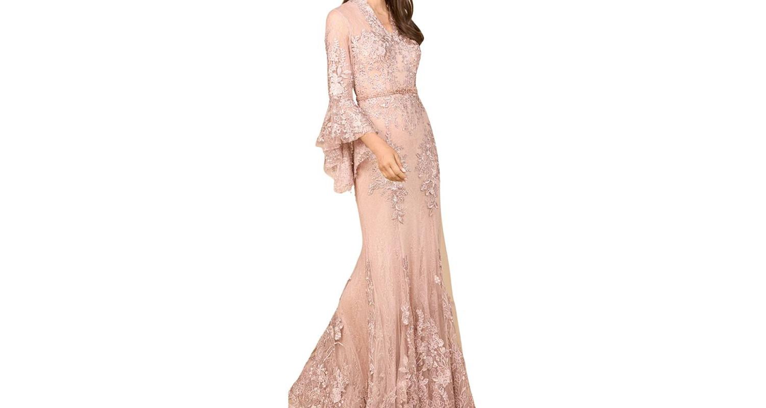 Women's Lace V Neck Long Bell Sleeve Gown