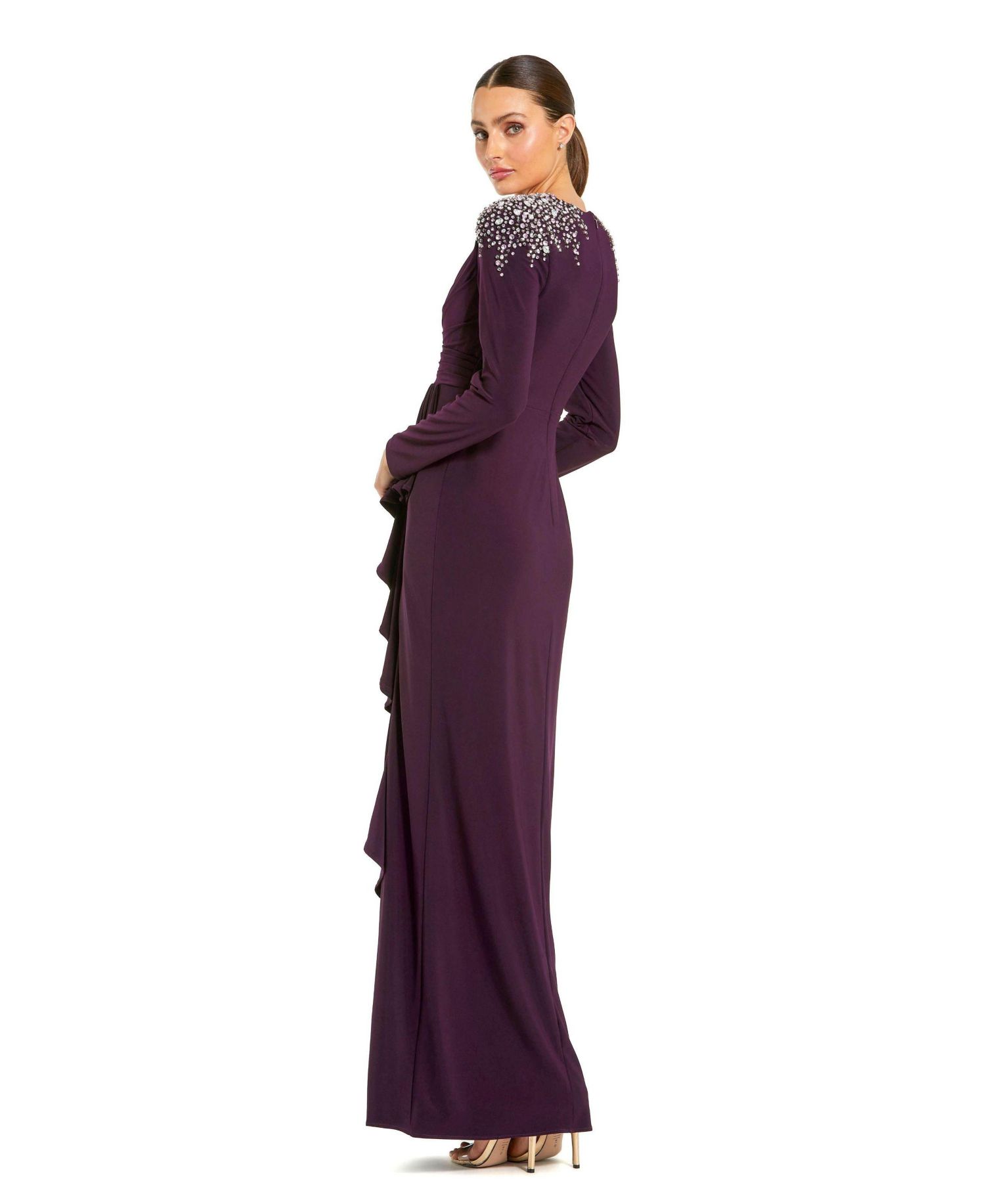 Women's Long Sleeve Gown with Cascading Ruffle and Rhinestone Shoulders