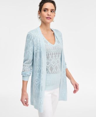 Women's Pointelle Open-Front Cardigan, Short-Sleeve Pointelle V-Neck Sweater & Side-Button Pull-On Capri Pants