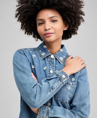 Women's Faux-Pearl-Embellished Jean Shirt, Macy's Exclusive