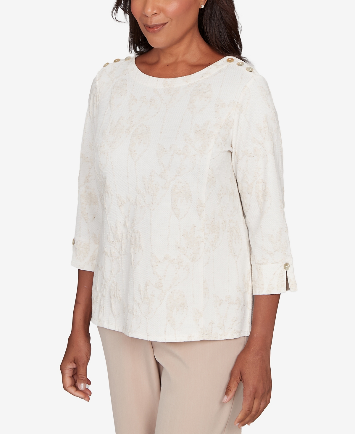 Alfred Dunner Women's Saratoga Springs Raised Texture Floral Design Knit Top In White