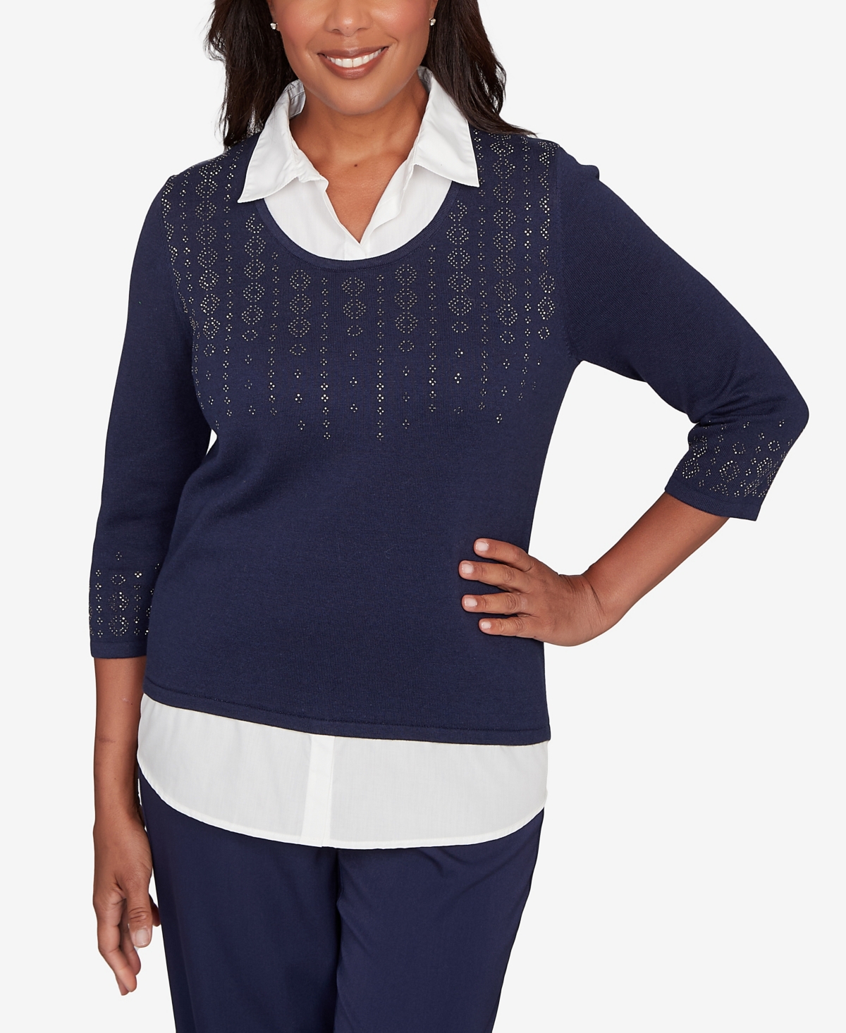 Alfred Dunner Women's Saratoga Springs Metallic Studded Textured Two In One Sweater In Blue