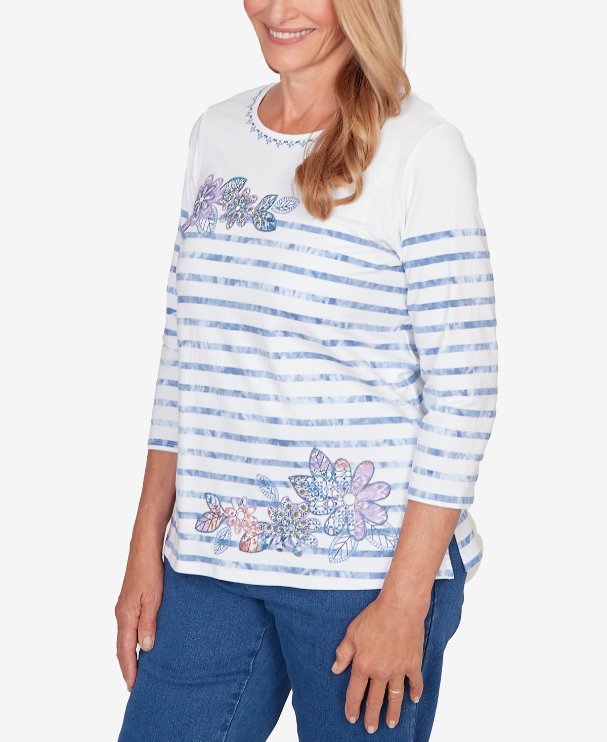 Alfred Dunner Women's Hilton Head Applique Flower Tie Dye Stripe Knit Top