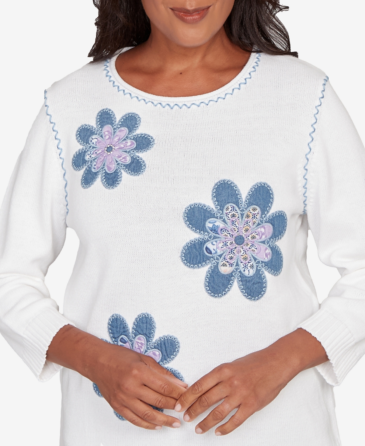 Alfred Dunner Plus Size Hilton Head Quilted Denim Applique Flower Sweater In White