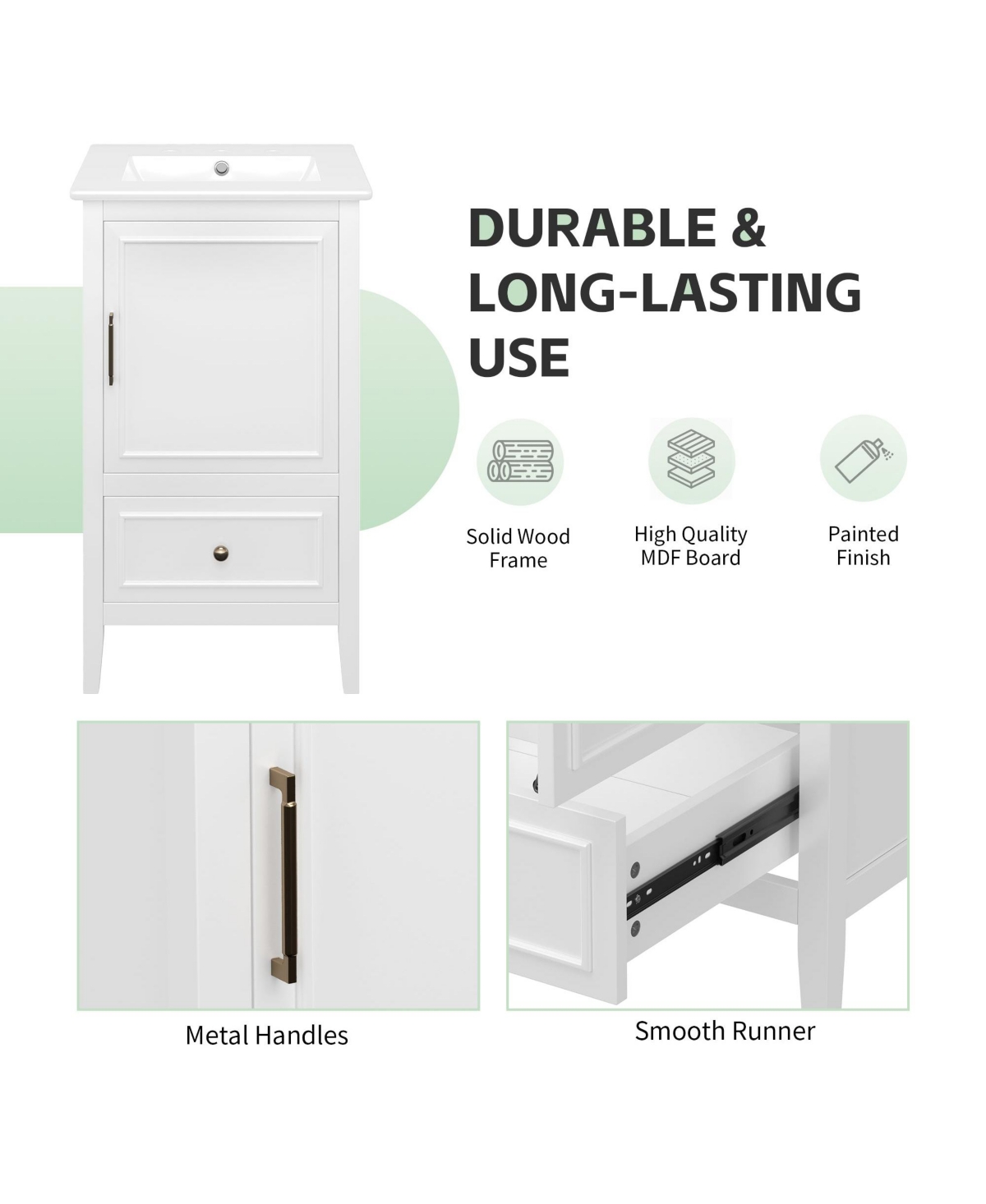 20" Bathroom Vanity with Sink, Bathroom Cabinet with A Door, Door Shelf Storage and Adiustable Foot Pads, A Drawer, White