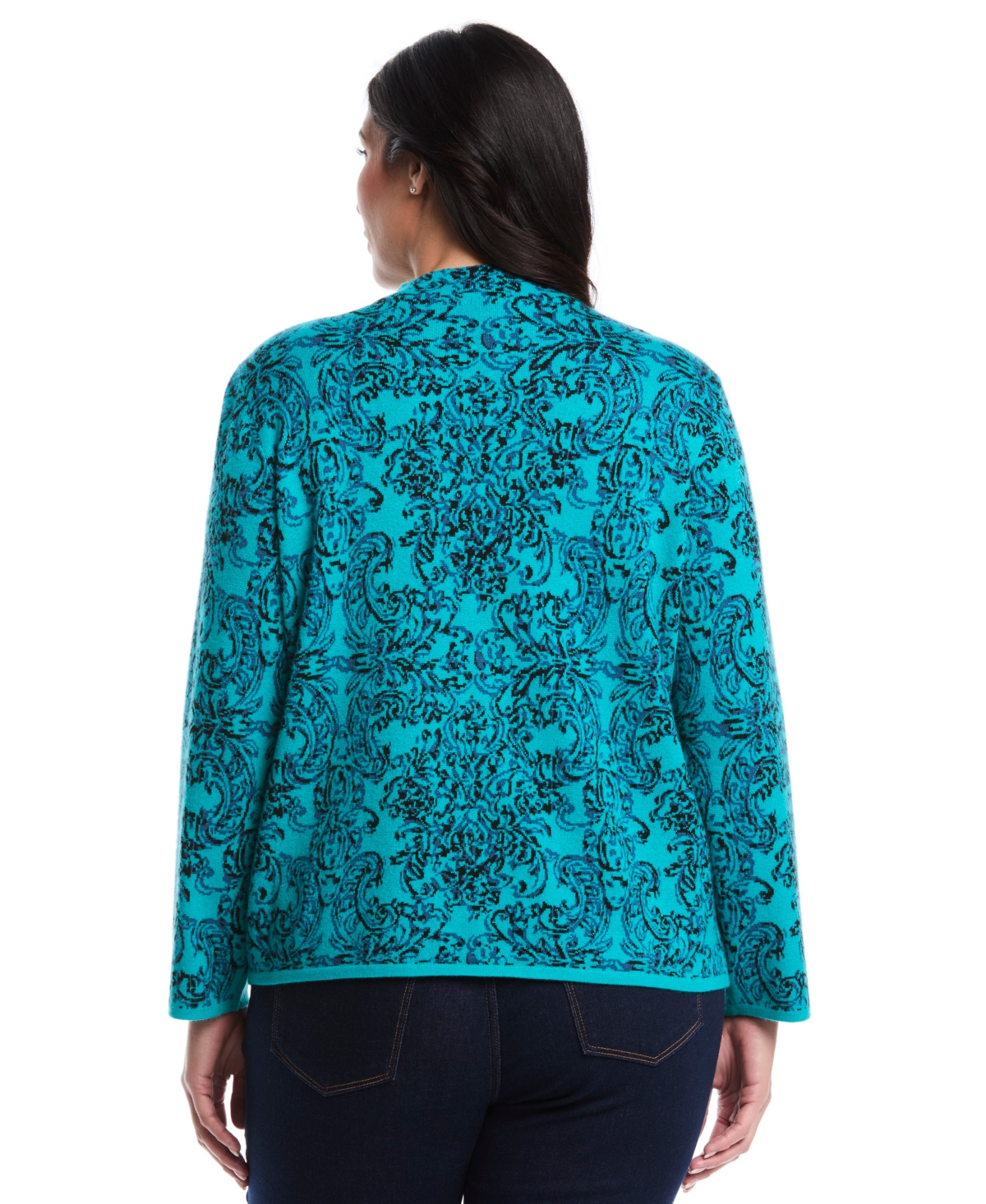 Rafaella Plus Size Floral Paisley Print Long Sleeve Sweater In Blue