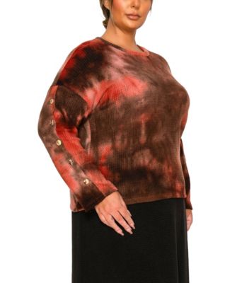 Plus Size Brushed Tie Dye Waffle Crew Neck Top