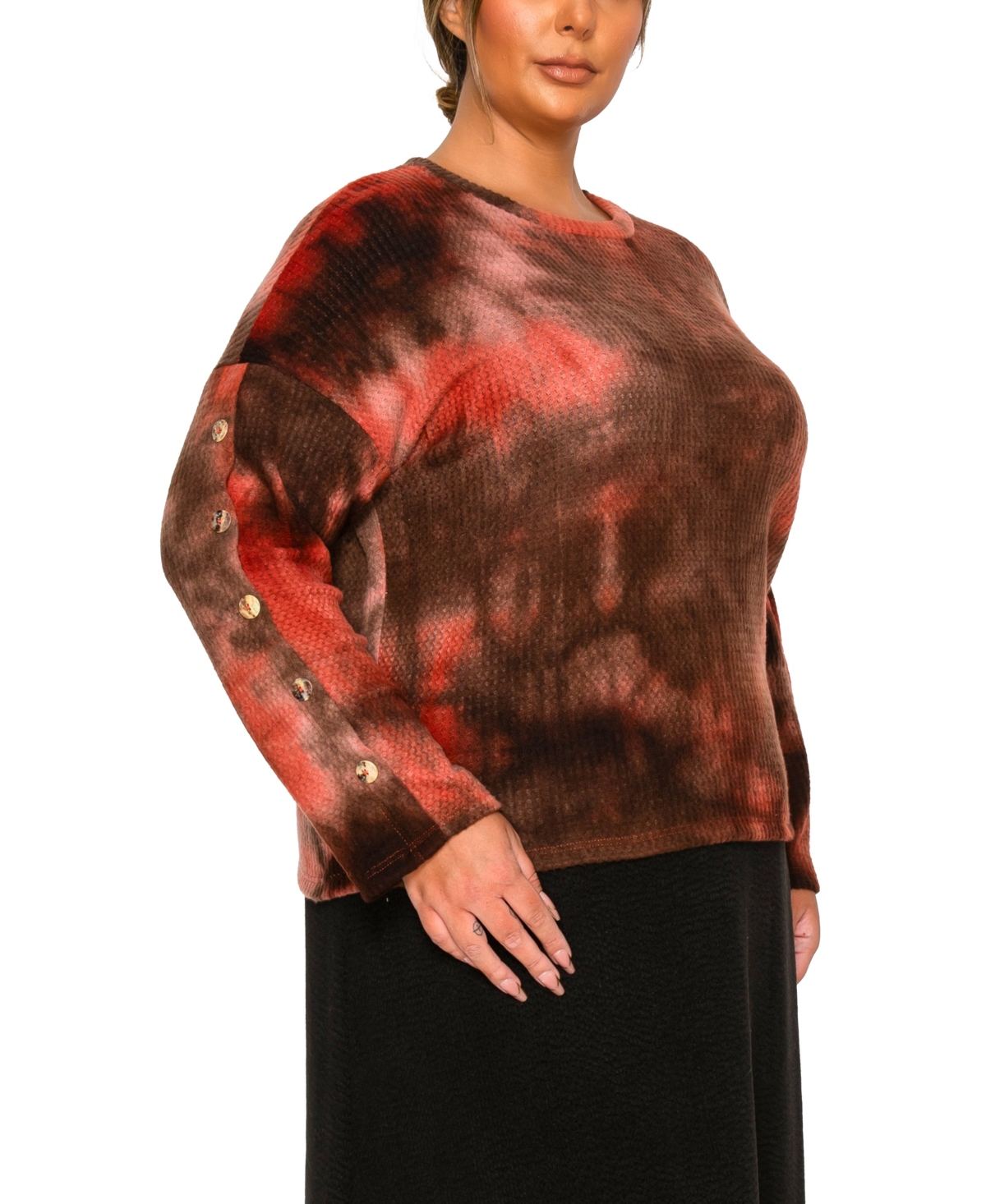 Coin 1804 Plus Size Brushed Tie Dye Waffle Crew Neck Top In Multi