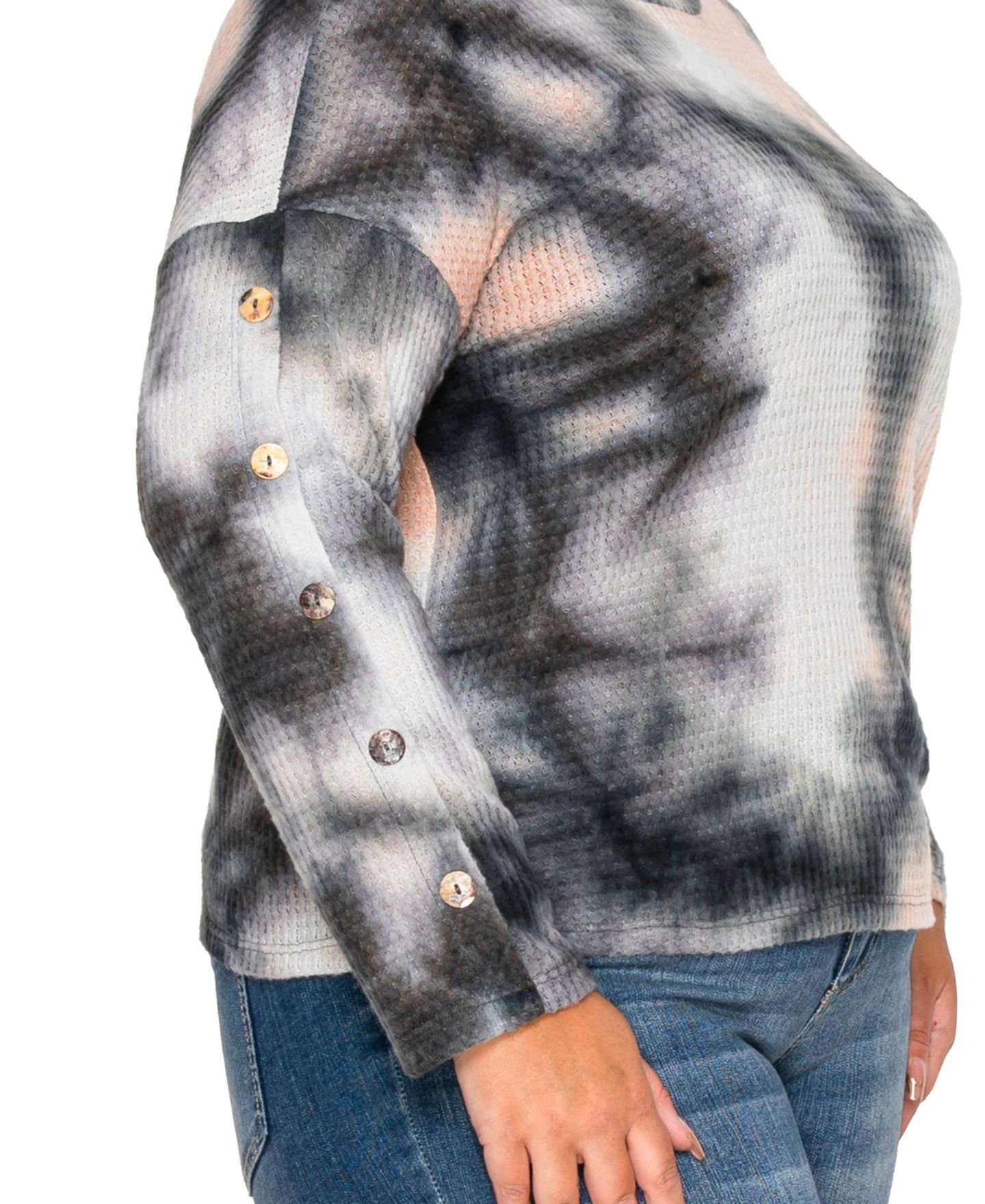 Женский топ COIN 1804 Plus Size Brushed Tie Dye Waffle Crew Neck, цвет: Серый — фото 5