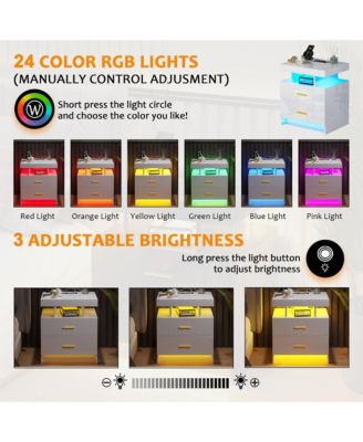 22.8" Wood LED Nightstand RGB Lights Auto Sensor Charging Station