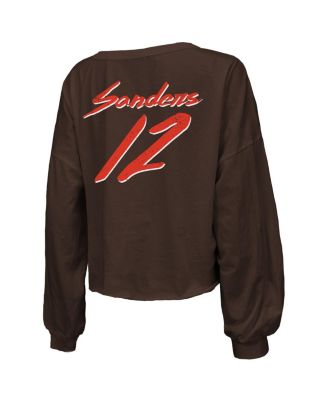 Women's Shedeur Sanders Brown Cleveland Browns Name Number Off-Shoulder Script Cropped Long Sleeve Relaxed V-Neck T-Shirt