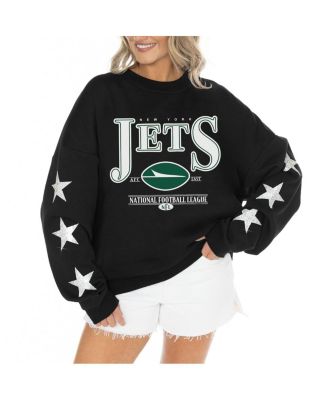 Women's Black New York Jets Rhinestone Star Sleeve Settle the Score Oversized Tri-Blend Pullover Top