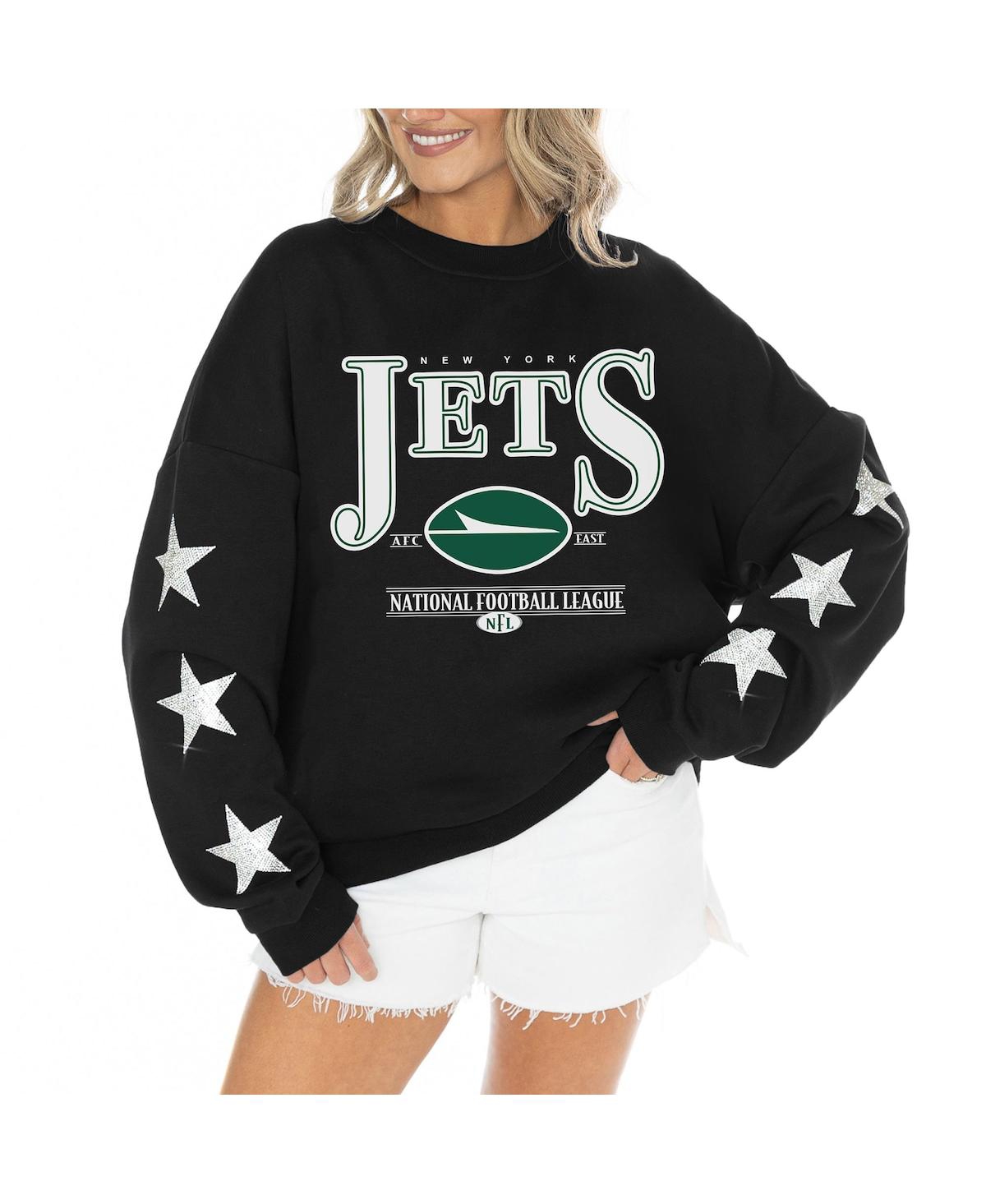 Gameday Couture Women's Black New York Jets Rhinestone Star Sleeve Settle the Score Oversized Tri-Blend Pullover Top