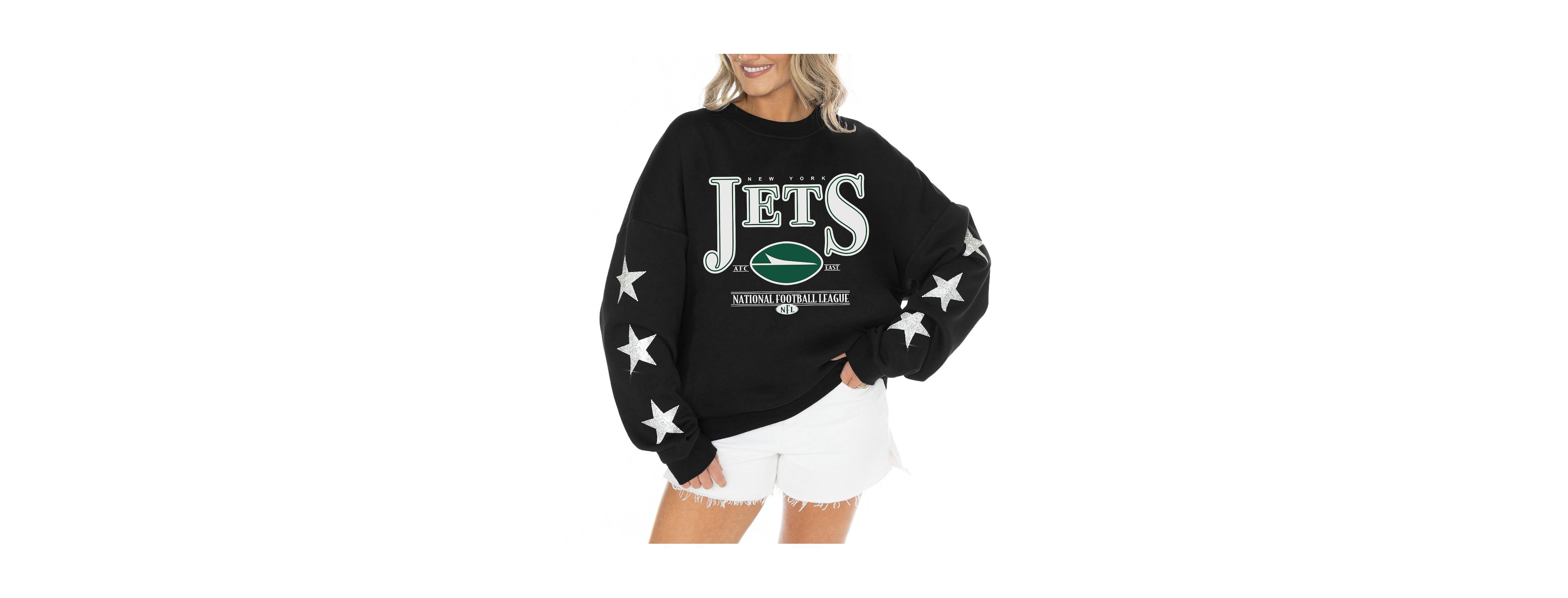 Gameday Couture Women's Black New York Jets Rhinestone Star Sleeve Settle the Score Oversized Tri-Blend Pullover Top