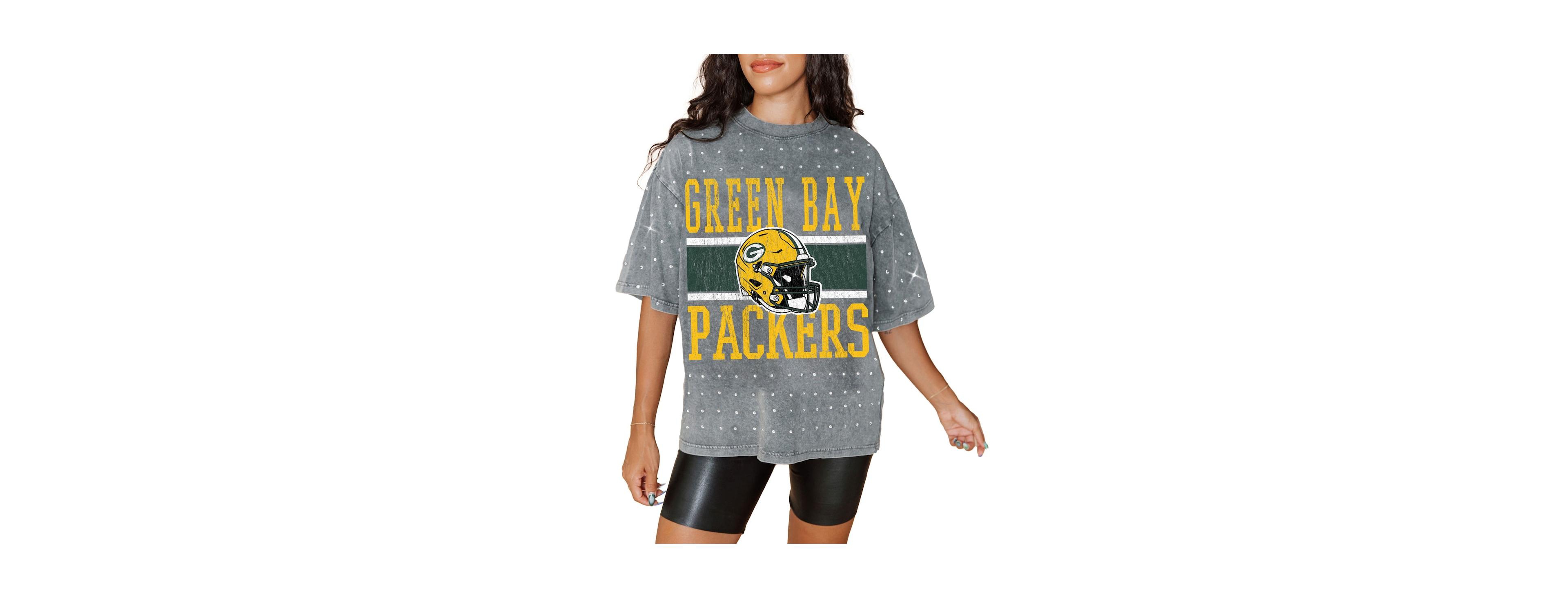 Gameday Couture Women's Gray Green Bay Packers Oversized Mini Rhinestone Classic T-Shirt