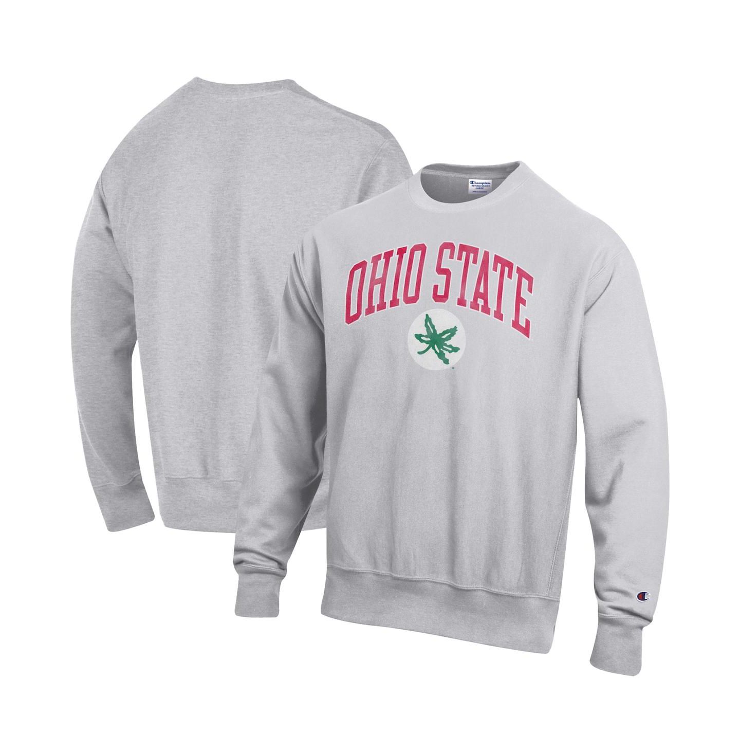 Мужская толстовка Champion Gray Ohio State Buckeyes Distressed Arch Over Logo Reverse Weave Crew Neck — фото 1