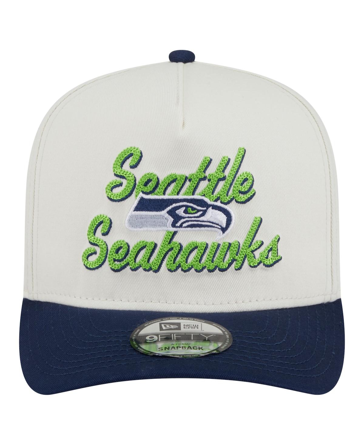 New Era Men's Cream/College Navy Seattle Seahawks Chainstitch A-Frame 9FIFTY Adjustable Hat