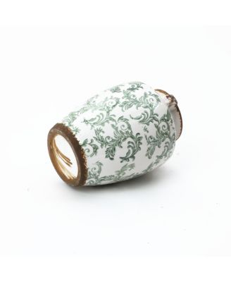 Green Floral Wide-Mouth Waterproof Ceramic Vase, 7.28" Round Indoor Home Decor