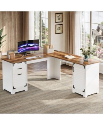 L Shaped Gaming Desk, Computer Desk，59" Wooden Executive Desk with File Drawer & Adjustable Storage Cabinet