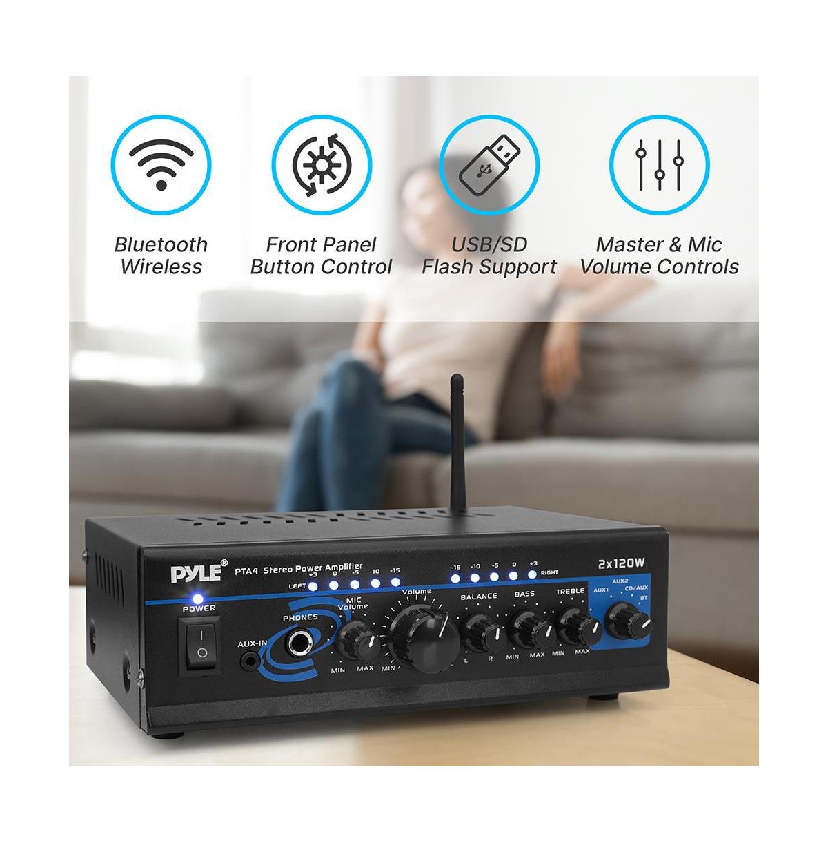 Pyle 2x120W Mini 2-Channe Home Audio Power Amplifier - Bluetooth 5.1 - Stereo Receiver with Rca/Aux/Mic Input - Headphone Jack - Pager/Mixing Modes