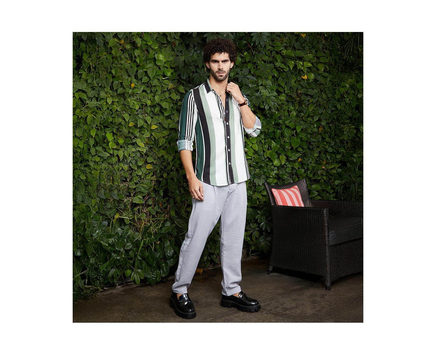 Men's Jungle Green & Cream White Multitrack-Striped Shirt