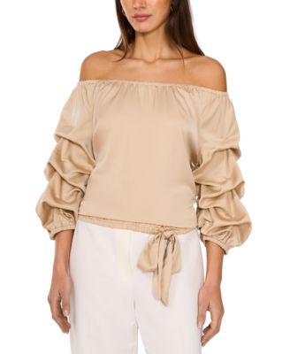 Women's Satin Off-The-Shoulder Bubble 3/4-Sleeve Tie-Front Blouse