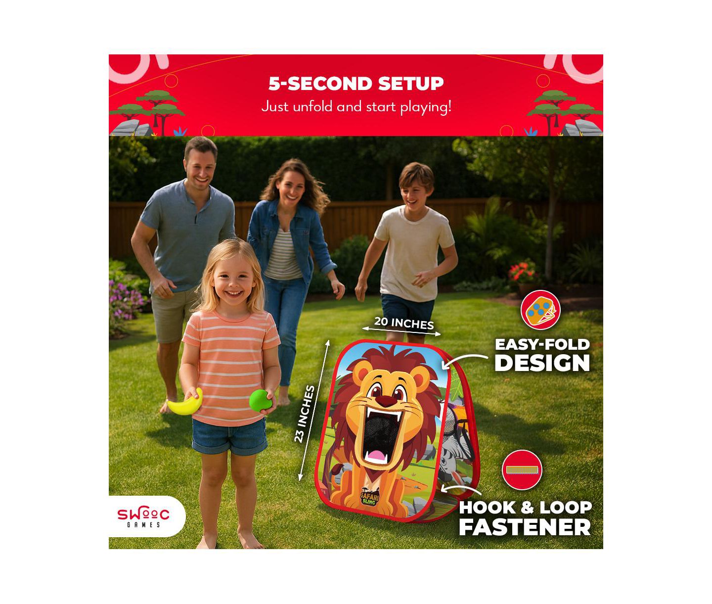 Детские игрушки SWOOC Safari Sling 2-in-1 Portable Bean Bag Toss Game, 20" W x 23" H, For 2-8 Players, Ages 3+, цвет: Разноцветный — фото 3
