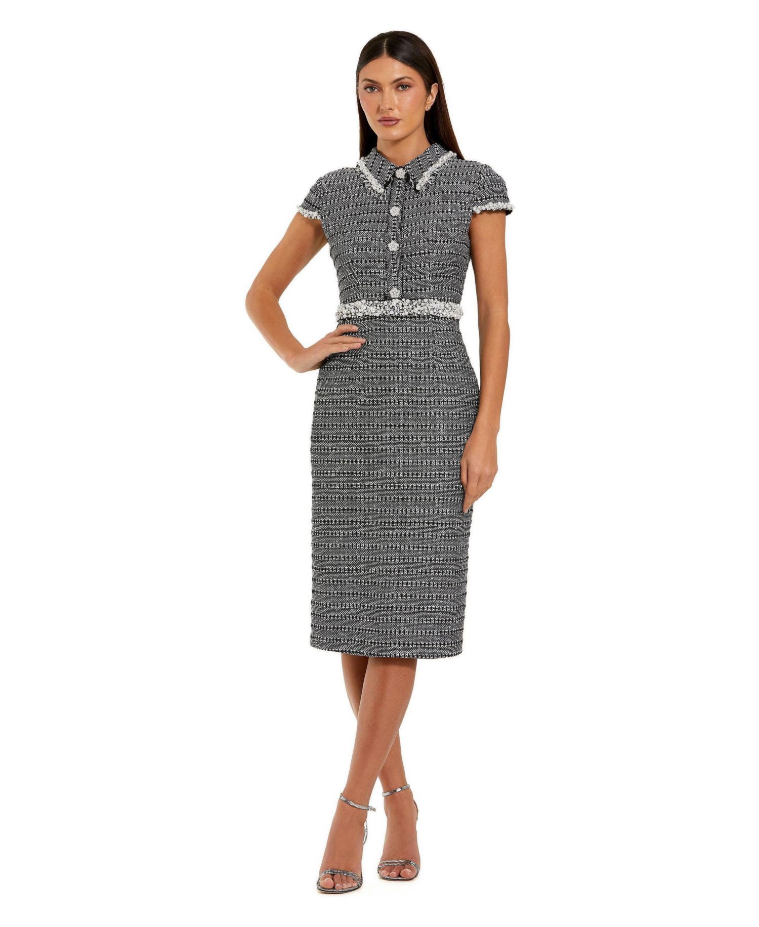 Women's Cap Sleeve Boucle Midi Dress