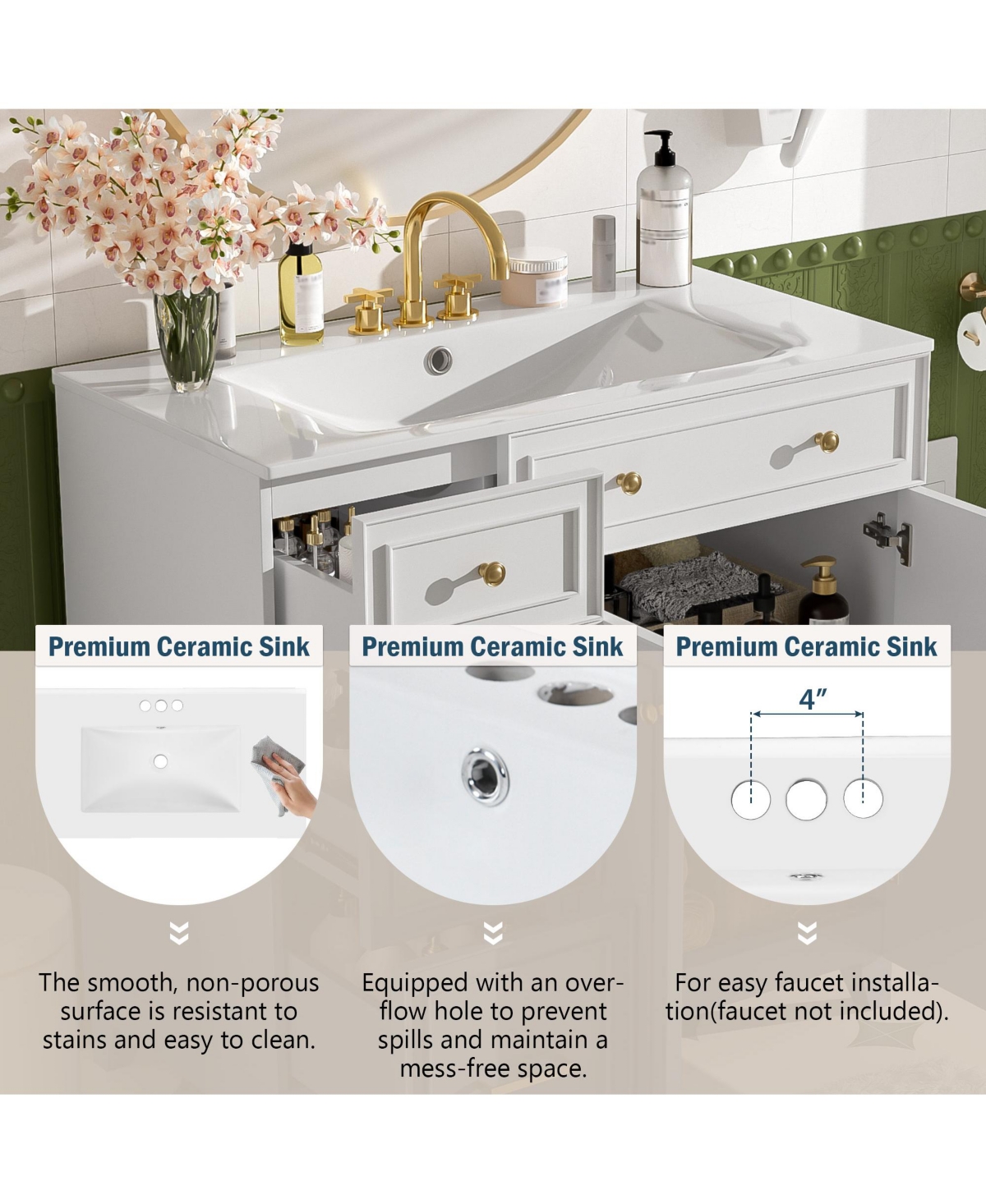 Airsurfer 36 Inch Bathroom Vanity with Ceramic Sink Adjustable Shelves Modern Storage Cabinet for Small and Medium Bathrooms