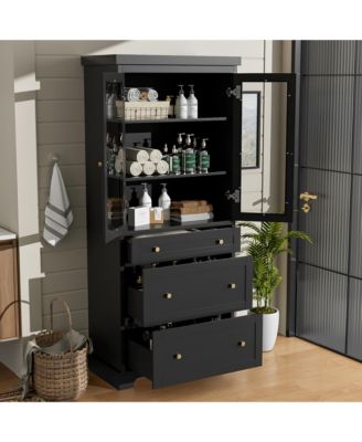 70.1" Modern Tall Freestanding Bathroom Cabinet with 3 Drawers, 2 Adjustable Shelves, Soft-Close Glass Doors, Storage Cabinet for Bathroom