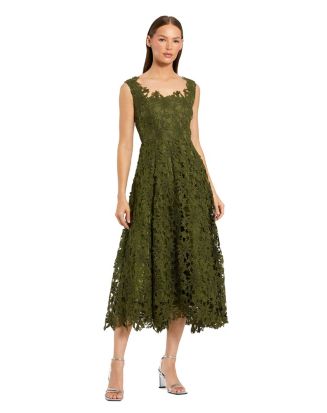 green emerald velvet dress Mac Duggal Women's Sleeveless Hand Beaded Floral Midi Dress - Green - Size 6