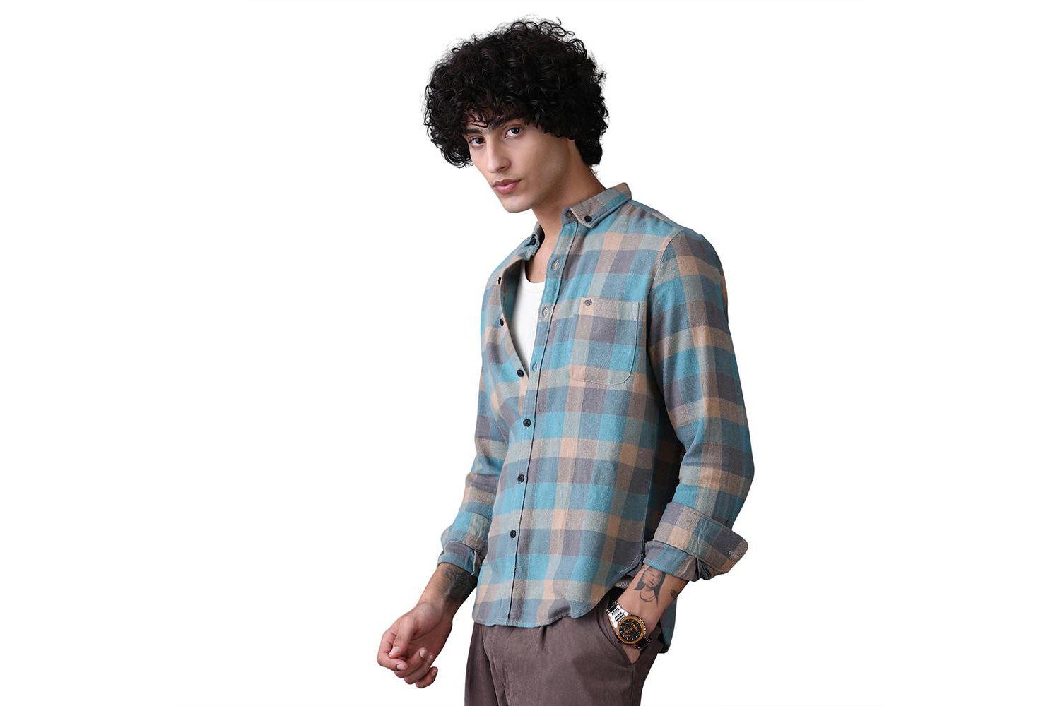 Men's Sky Blue & Ecru Beige Block-Buffalo Regular Shirt