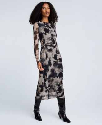 Women's Printed Mesh Long-Sleeve Knot Dress