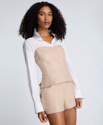 Women's Solid Poplin Y-Neck Long-Sleeve Shirt