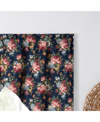 Ellis Bella Rose Stylish Medium Scale Printed Floral Pattern 1.5" Rod Pocket Tailored Swag 56"x36" Navy
