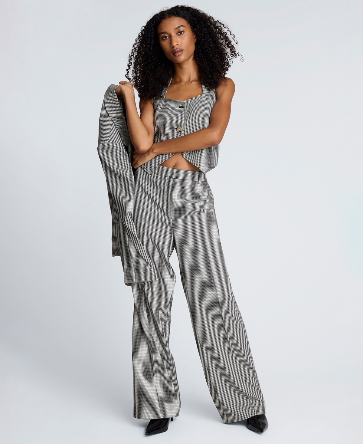 Kenneth Cole Women's Houndstooth Cropped Fitted Bodice Vest In Gray